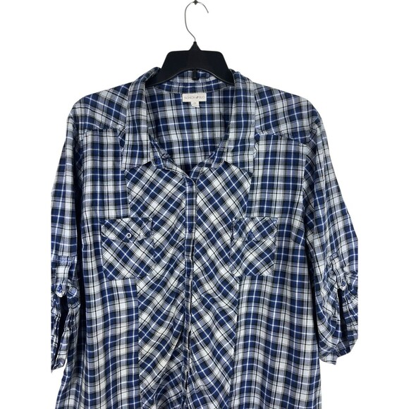 Fashion Bug 4X Blue Plaid Button Up Flannel Top Roll Tab Sleeve Western Country - Picture 2 of 12